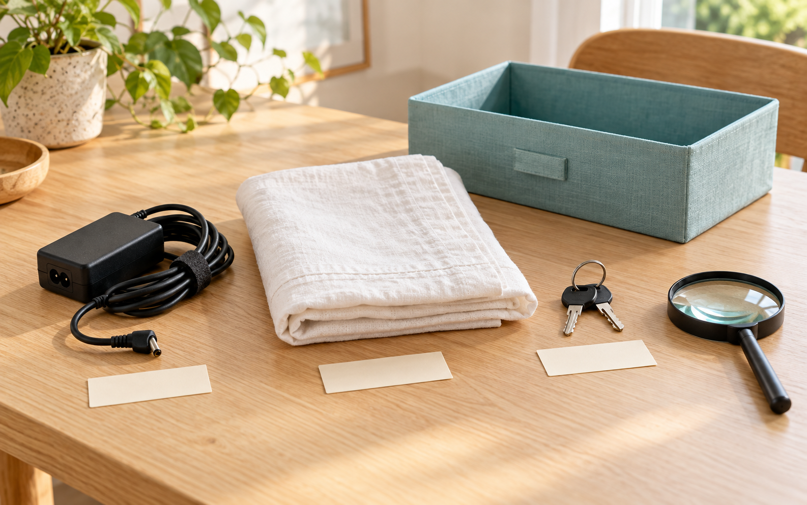 Ein Laptop-Ladegerät, eine weiße Tischdecke und Schlüssel neben leeren Etiketten und einer türkisfarbenen Box