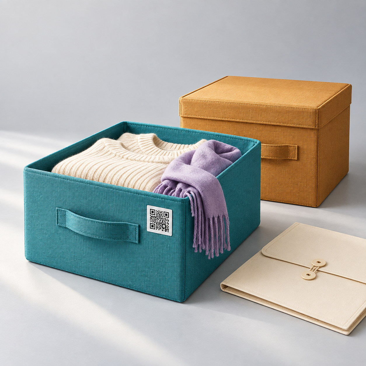 Offene türkise Box mit Pullover und Schal